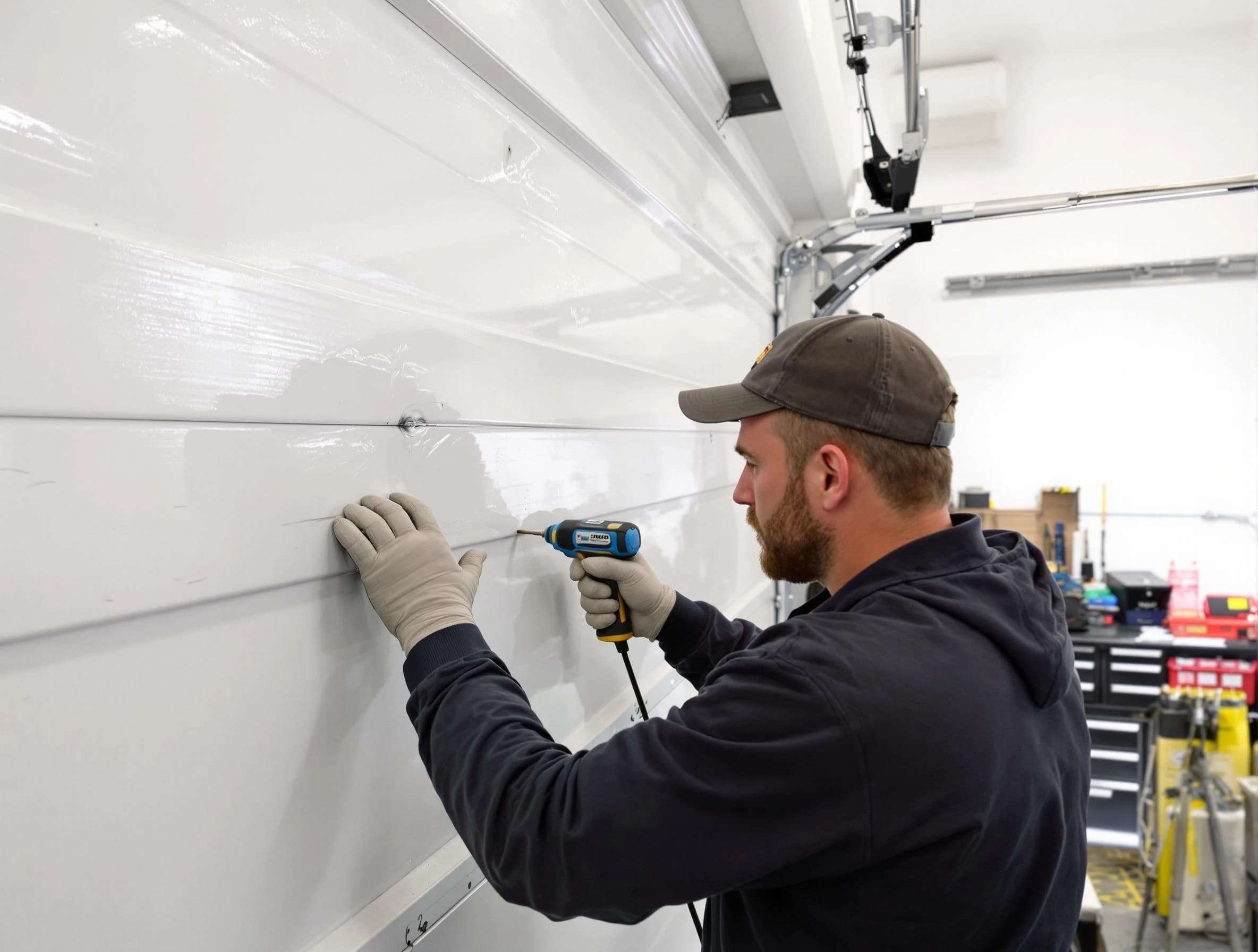 Perth Amboy Garage Door Repair technician demonstrating precision dent removal techniques on a Perth Amboy garage door